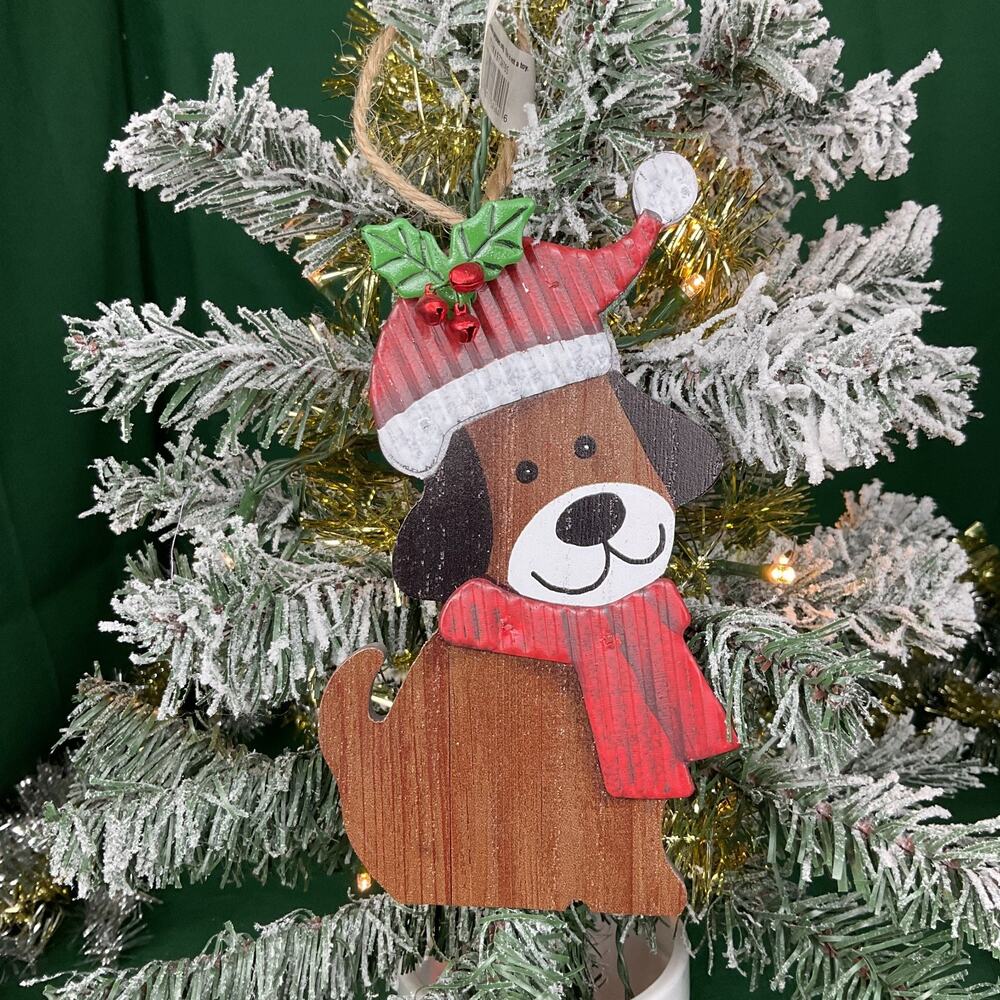 Wooden Dog in Corrugated Metal Santa Hat & Scarf Christmas Ornament